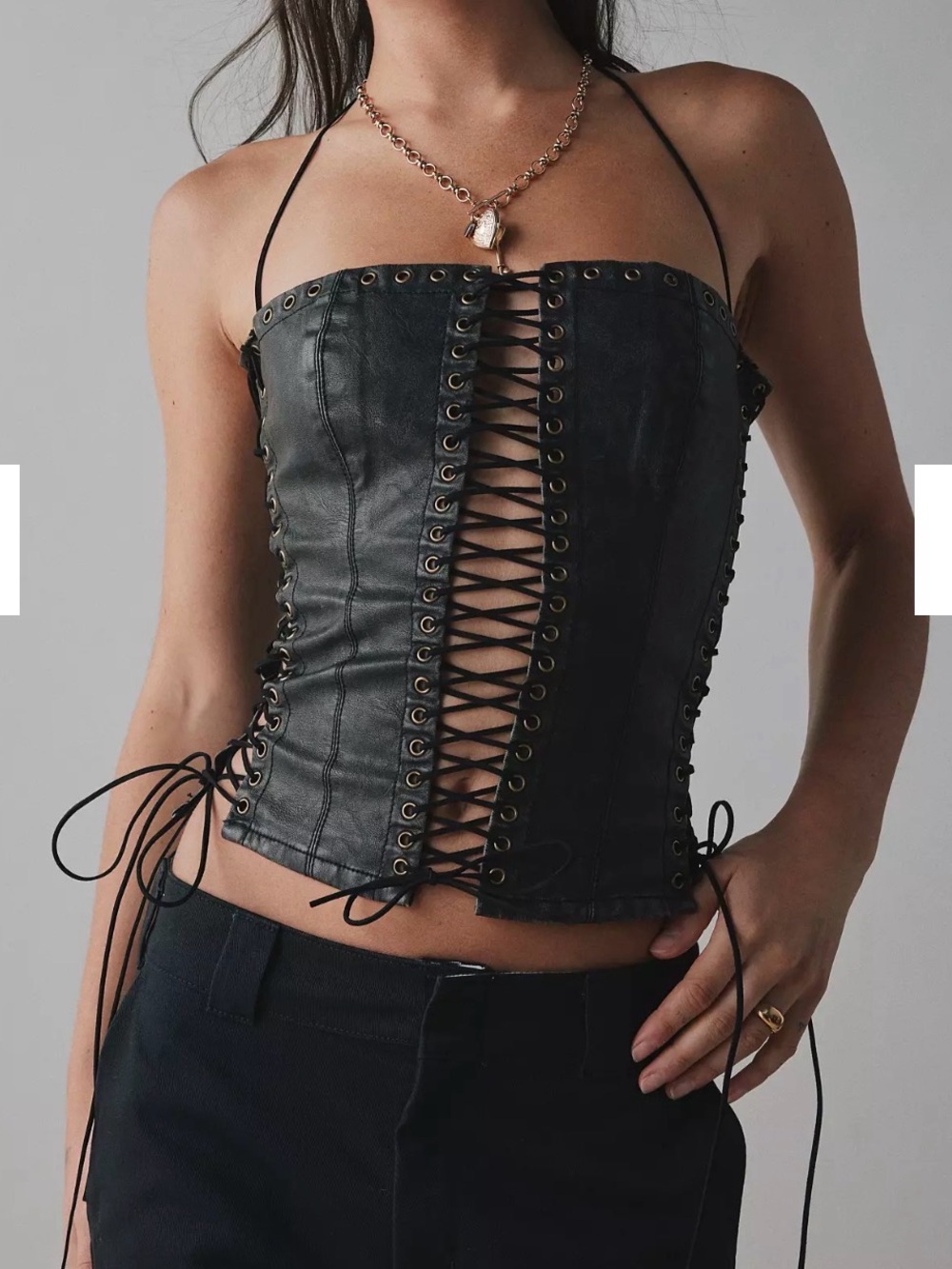 Western festival Lace-Up Faux Leather Corset Top in Black